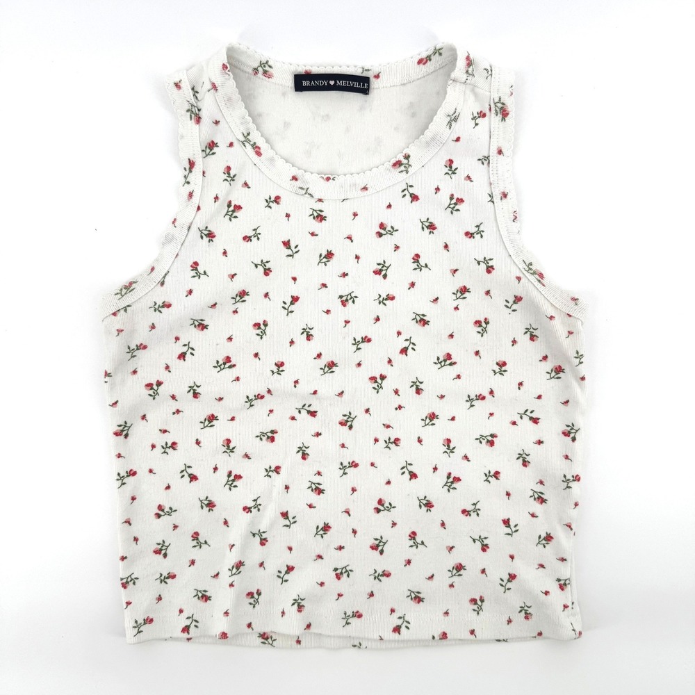 Brandy Melville Floral Tank Top White Red Rosebud Scalloped Lace Coquette Y2K